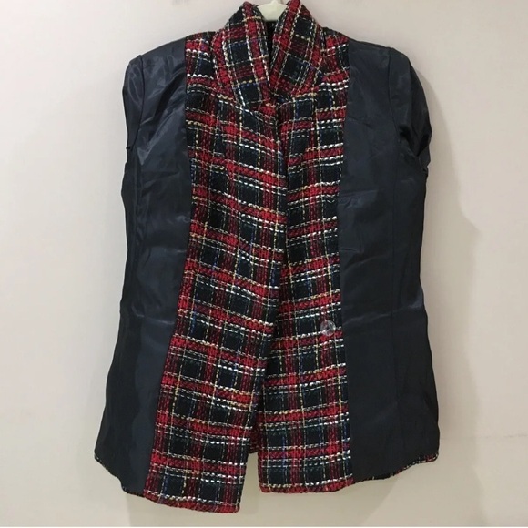 Rachel Zoe tweed double breasted Red Black Tartan plaid Size small NEW - Picture 2 of 3